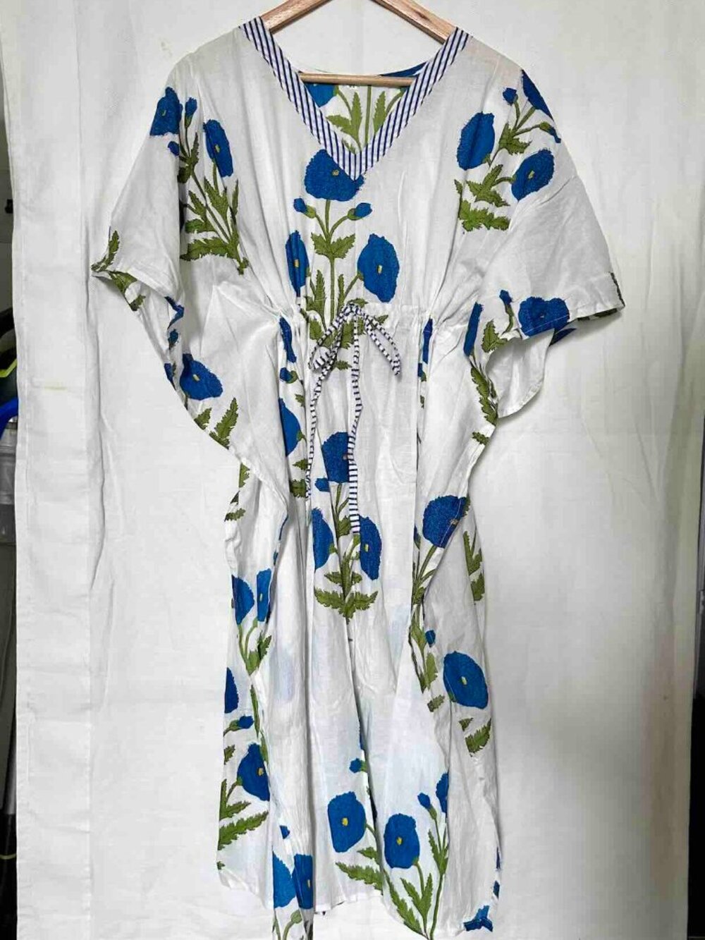 NWOT Caftan Blue Floral Indian Blockprint Islands Coverup Swim Loungewear Dress